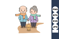 Elderly couple walking small dog outdoors in winter scarves Product Image 1