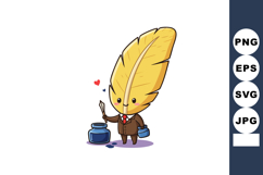 Cute yellow feather quill character writing with ink pot vec Product Image 1