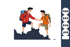 Two boys hiking with backpacks helping each other on rocky t Product Image 1