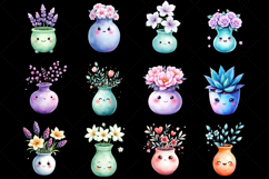 kawaii vase clipart, cute botanical pot PNG, pastel floral watercolor, kawaii flower vase, chibi vase illustration, kawaii watercolor PNG, pastel winter flowers clipart, cute plant pot drawing, adorable vase art, kawaii floral bundle, kawaii tulip vase PN