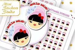 Cute Girl face Kawaii Wash Hair Planner Stickers Brunette Product Image 1
