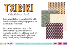 Halloween digital paper pack with cute chibi ghosts, skeletons, and candy patterns for crafts.