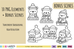 Kawaii Christmas bear clipart bundle with bonus festive scenes.