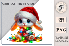 Cute Christmas bunny clipart in Santa hat with lights. PNG, 300 DPI, transparent background — perfect for cards, stickers, kids holiday designs.