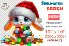 Cute Christmas bunny clipart in Santa hat with lights. PNG, 300 DPI, transparent background — perfect for cards, stickers, kids holiday designs.