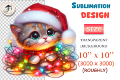 Cute kawaii Christmas kitten clipart in Santa hat with lights. PNG, 300 DPI, transparent background — perfect for stickers, cards, kids Xmas designs.