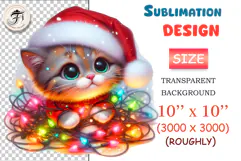 Cute kawaii Christmas kitten clipart in Santa hat with lights. PNG, 300 DPI, transparent background — perfect for stickers, cards, kids Xmas designs.