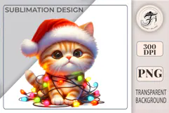 Cute kawaii Christmas kitten clipart in Santa hat with lights. PNG, 300 DPI, transparent background — perfect for stickers, cards, kids Xmas designs.