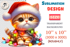 Cute kawaii Christmas kitten clipart in Santa hat with lights. PNG, 300 DPI, transparent background — perfect for stickers, cards, kids Xmas designs.