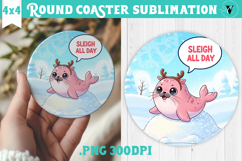 Cute Christmas Round Coaster | Kawaii Pink Xmas Product Image 1