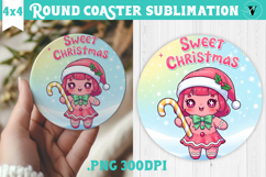 Cute Christmas Round Coaster | Kawaii Pink Xmas Product Image 1