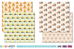 Kawaii digital papers with construction cones, dump trucks, excavators, and stop signs in cute pastel colors.