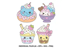 Kawaii dessert clipart collection with four coordinated pastel characters