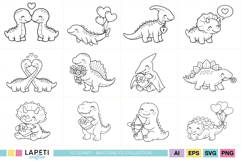 Valentine dino line art bundle with clean black outlines