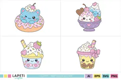 Kawaii dessert characters in soft pink blue yellow and purple colors