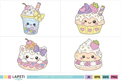 Kawaii dessert characters in coordinated soft pastel colors