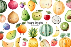 Watercolor Kawaii fruits clipart Happy fcute ruit with face Product Image 1
