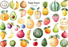 Watercolor Kawaii fruits clipart Happy fcute ruit with face Product Image 2