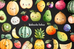 Watercolor Kawaii fruits clipart Happy fcute ruit with face Product Image 3