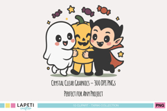 Friendly ghost, pumpkin and vampire hugging, adorable Halloween clipart.