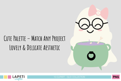 Adorable ghost with glasses and pink bow stirring potion in a green cauldron, part of the GLIO collection.