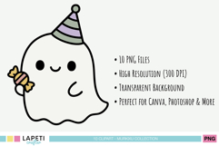 Kawaii ghost holding candy in pastel colors, adorable Halloween clipart for stickers and invitations.