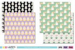 Kawaii ghost digital papers for Halloween featuring smiling ghosts, pumpkins, and potion cauldrons in pastel mint, lilac, and peach backgrounds.
