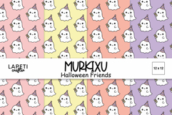 Kawaii ghost digital paper set in pastel colors featuring cute ghosts with party hats and candies, part of the Murkixu Halloween Friends collection.