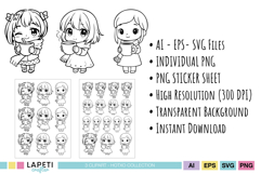 Three chibi girls with scarves and mugs, adorable black outline for coloring pages.