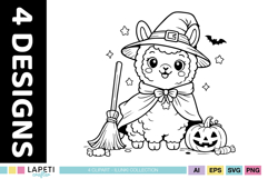 Kawaii alpaca digital stamps for Halloween cardmaking and scrapbooking.