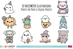 Cute kawaii Halloween animals clipart set with pastel colors, including pumpkin, cat, ghosts, and other adorable Halloween characters.