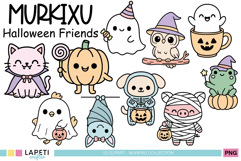 Cute kawaii Halloween animals clipart set with pastel colors, including pumpkin, cat, ghosts, and other adorable Halloween characters.