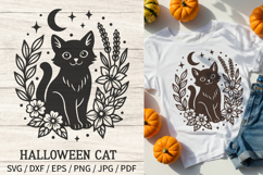 Halloween Cat SVG—black cat sitting with flowers, crescent moon, and stars, autumn Halloween decor.