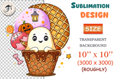 Adorable Halloween clipart: smiling ghost dessert with waffle cone, donut, pumpkin and candy. Perfect PNG for sublimation, scrapbooking, invitations and digital art.