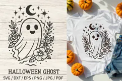 Halloween Ghost SVG—cute ghost with floral wreath, stars, crescent moon, autumn Halloween shirt design.