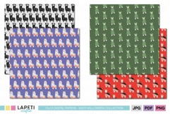 Fun Halloween digital papers with ghost, skeleton, and monster llama designs in purple, red, green, and white backgrounds.