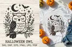 Halloween Owl SVG—owl on a floral branch, crescent moon, bat and stars, spooky-cute autumn shirt decor.