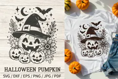 Add festive magic to your crafts with this Halloween Pumpkin SVG! Features a big jack-o-lantern in a witch hat surrounded by florals, smaller pumpkins, bats, stars, and a crescent moon—perfect for Halloween shirts, mugs, party invitations, stickers, autum