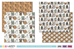Kawaii Halloween scrapbook paper with pumpkins, cats and ghosts in soft tones for printable projects.