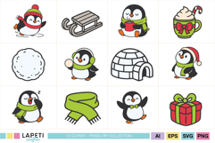 Full set of cute penguin cliparts including sled, scarf, igloo and gift – high resolution PNG graphics for digital projects and crafts.