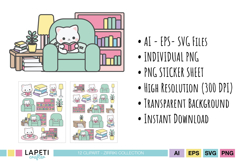 kawaii book lover png illustration