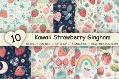 Kawaii Strawberry Gingham Digital Paper, Seamless Cute Fruit Pattern Pack, Printable Scrapbook Paper, Japanese Summer Design Bundle