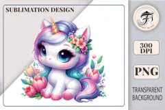 Fantasy baby unicorn with golden horn and colorful blossoms for nursery decor.