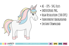 Pastel unicorn clipart with rainbow mane and star details, ideal for digital crafting and sublimation.