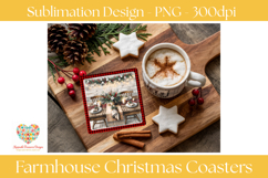 Set of four farmhouse Christmas coaster sublimation PNG designs featuring buffalo plaid borders, a holiday wreath on a rustic window, cozy front porch with rocking chair, winter floral arrangement with lantern, and festive farmhouse dining table decorated