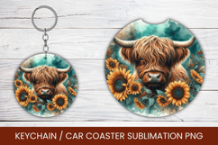 keyring keychain car coaster - highland cow sunflowers Product Image 1
