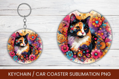 keyring keychain car coaster - floral watercolor cat Product Image 1
