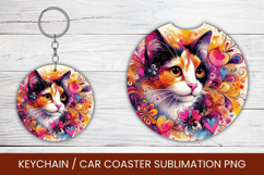 keyring keychain car coaster - floral watercolor cat Product Image 1