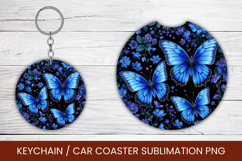 keyring keychain car coaster - blue floral butterfly Product Image 1