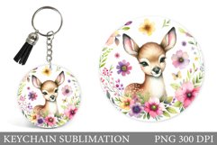 Cute Deer Keychain Design. Deer Flowers Keychain Sublimation Product Image 1